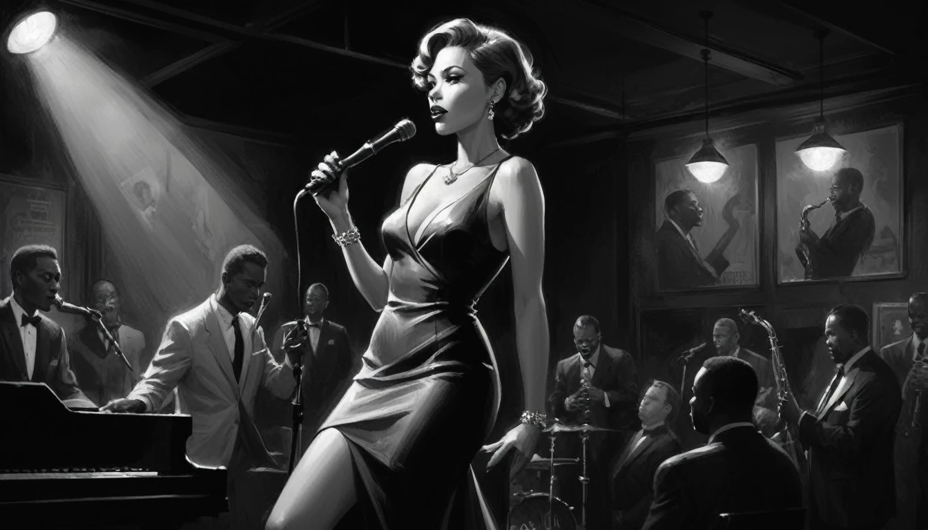 alabama bar, blue note, charismatic, baterist, guitarist, saxophonist, jazz band, bw, illustration, noir fantasy, singer lady,