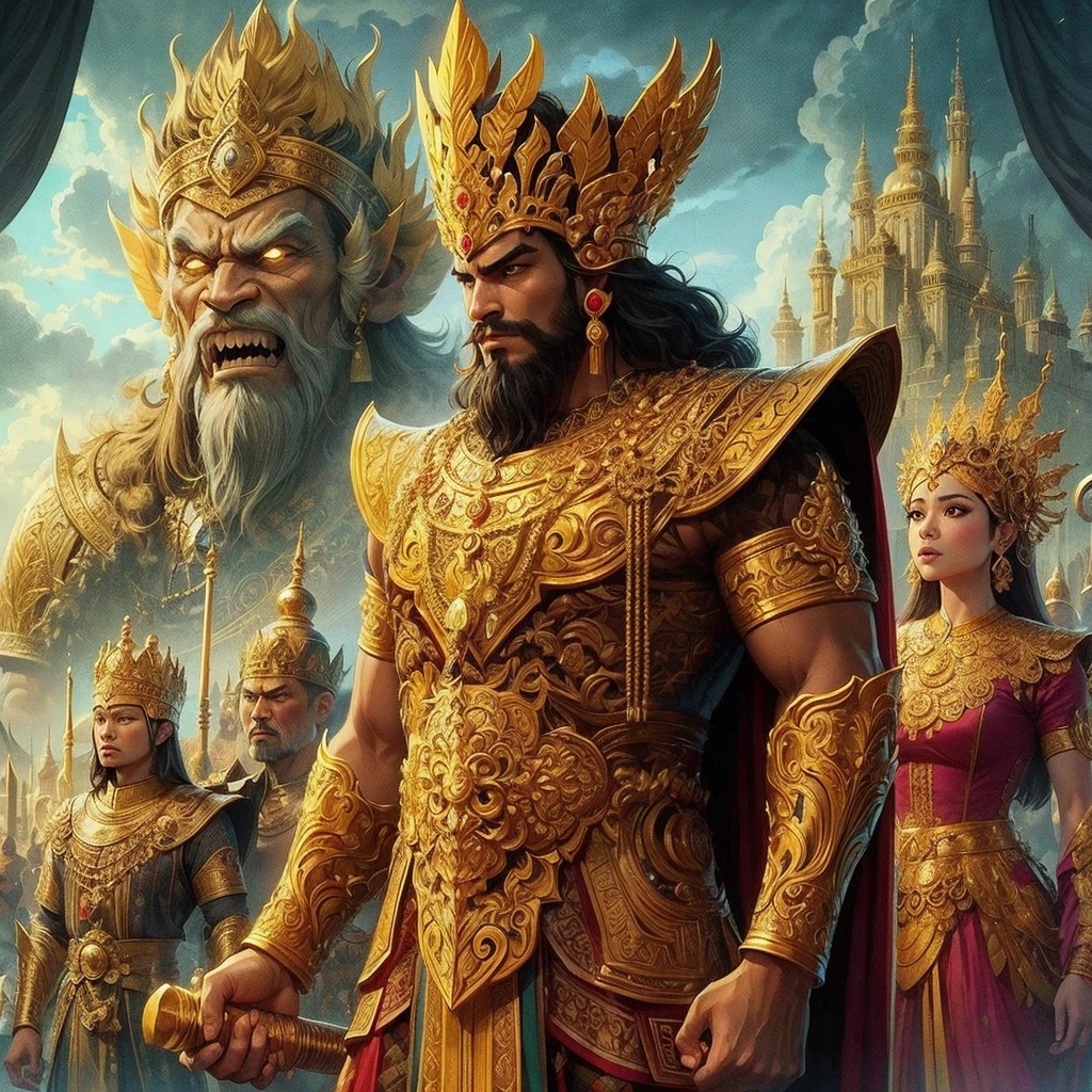 draw a picture of a kingdom led by a King named Prabu Baka, a very strong but also very arrogant king. who wore magnificent and luxurious gold-colored king's symbol clothes. One day, King Baka invaded his neighboring kingdom and forced the very beautiful king's daughter, Roro Jonggrang, to become his wife.