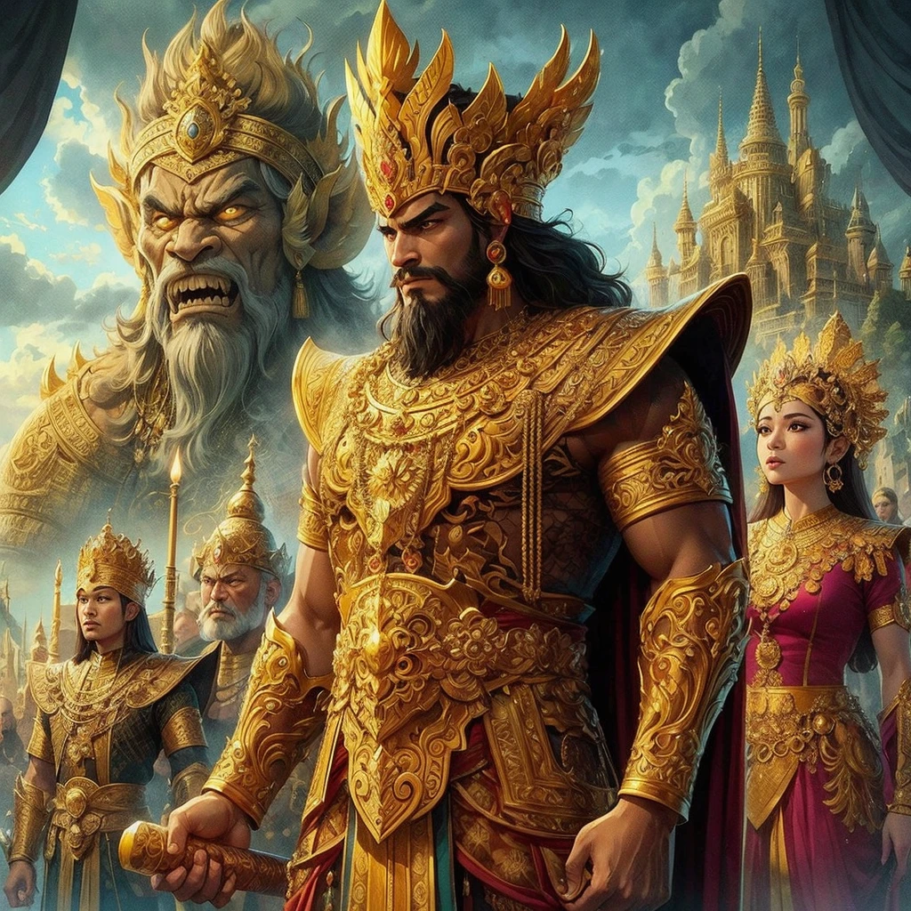 draw a picture of a kingdom led by a King named Prabu Baka, a very strong but also very arrogant king. who wore magnificent and luxurious gold-colored king's symbol clothes. One day, King Baka invaded his neighboring kingdom and forced the very beautiful king's daughter, Roro Jonggrang, to become his wife.