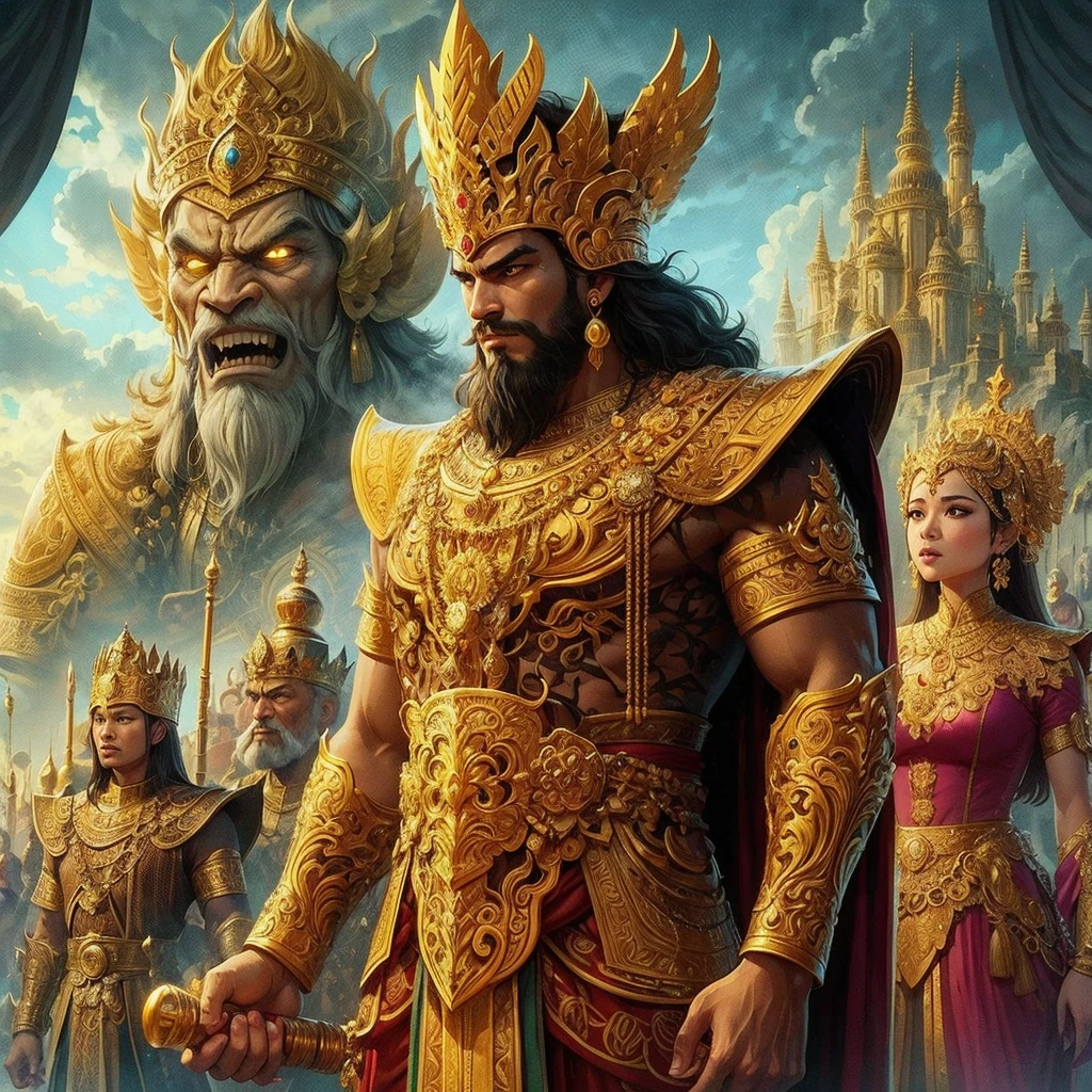 draw a picture of a kingdom led by a King named Prabu Baka, a very strong but also very arrogant king. who wore magnificent and luxurious gold-colored king's symbol clothes. One day, King Baka invaded his neighboring kingdom and forced the very beautiful king's daughter, Roro Jonggrang, to become his wife.