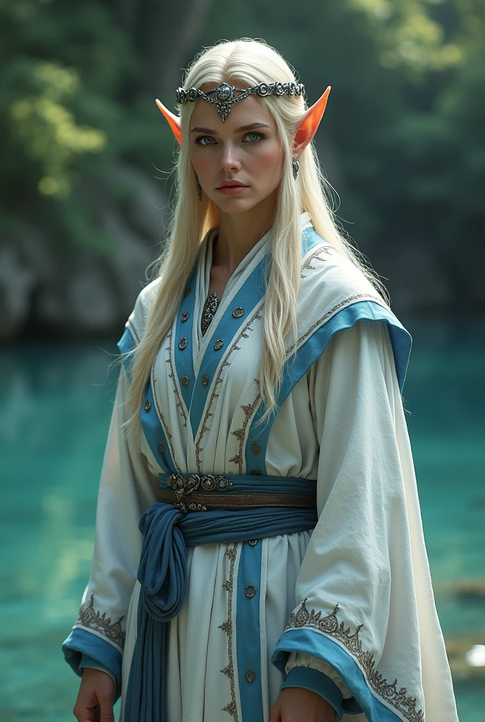 Photorealistic, DonMM1y4XL, full body, white and blue druidic robes, blonde hair, silver elf crown, elf ears, time-travel scenarios, lagoon, upper body, EMOTION
