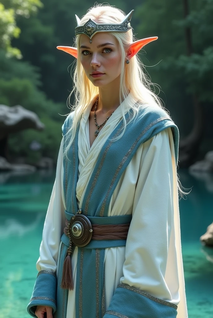 Photorealistic, DonMM1y4XL, full body, white and blue druidic robes, blonde hair, silver elf crown, elf ears, time-travel scenarios, lagoon, upper body, EMOTION