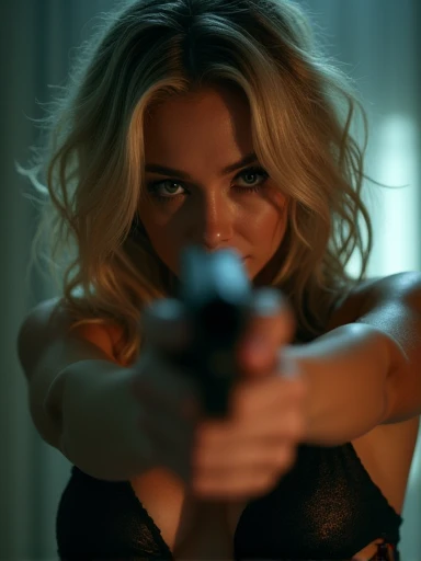 (Masterpiece.UHD.photo realistic) An ultra hot gorgeous European woman. French. Blonde.Age 23. Cleavage.curvy body.she’s aiming a gun to the viewer.holding the gun with two hands.Horror movie. Dramatic light.spooky scenery.