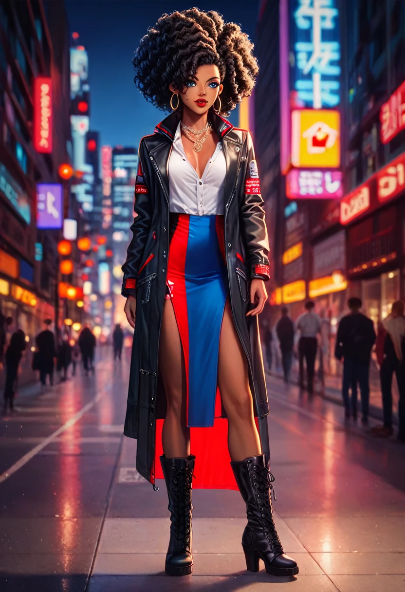 (((Masterpiece, hiquality, absurdress), 1Woman, black hair, curly hair, Afro-curly hair, blue eyes, a perfect face, the perfect body, medium breastes, sports body, short stature, (((very dark skin))), solo, Detailed eyes and face, makeup, ((red-lips:1.3)), earings, ear piercings, black jacket, unbuttoned white shirt, breeches, black boots, Clavicles only, chain necklace, city slum background, by Amano Akira, ((full body:1.5))
