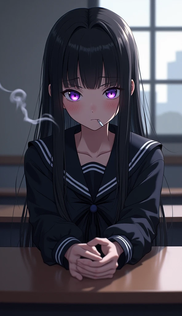 eruchitanda, eru chitanda, long hair, black hair, bangs, blunt bangs, (purple eyes:1.1), sidelocks,
BREAK skirt, school uniform, serafuku, kamiyama high school uniform \(hyouka\), black skirt, long sleeves, black sailor collar,
BREAK indoors, classroom,
BREAK looking at viewer, (cowboy shot:1.5),
BREAK (masterpiece:1.2), best quality, high resolution, unity 8k wallpaper, (illustration:0.8), (beautiful detailed eyes:1.6), extremely detailed face, perfect lighting, extremely detailed CG, (perfect hands, perfect anatomy),(Smoking a cigarette:1.5),Cigarette smoke, A displeased expression, glaring at me