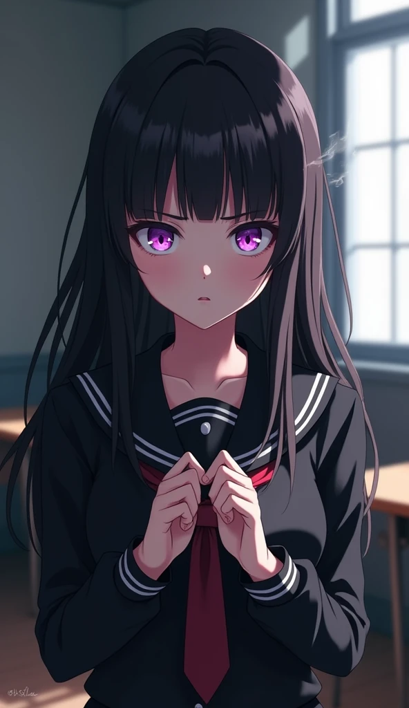 eruchitanda, eru chitanda, long hair, black hair, bangs, blunt bangs, (purple eyes:1.1), sidelocks,
BREAK skirt, school uniform, serafuku, kamiyama high school uniform \(hyouka\), black skirt, long sleeves, black sailor collar,
BREAK indoors, classroom,
BREAK looking at viewer, (cowboy shot:1.5),
BREAK (masterpiece:1.2), best quality, high resolution, unity 8k wallpaper, (illustration:0.8), (beautiful detailed eyes:1.6), extremely detailed face, perfect lighting, extremely detailed CG, (perfect hands, perfect anatomy),(Smoking a cigarette:1.5),Cigarette smoke, A displeased expression, glaring at me