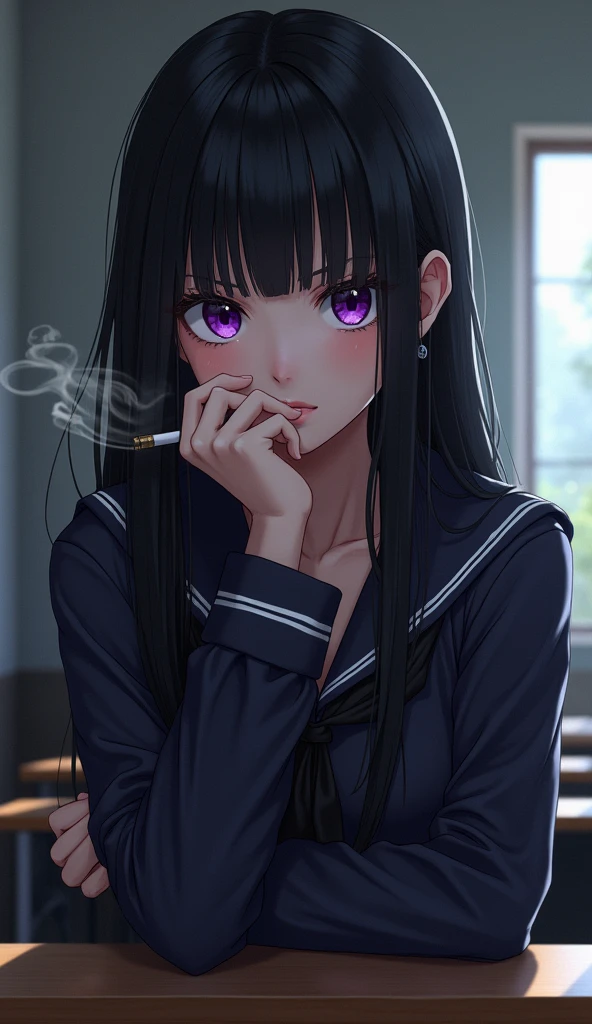 eruchitanda, eru chitanda, long hair, black hair, bangs, blunt bangs, (purple eyes:1.1), sidelocks,
BREAK skirt, school uniform, serafuku, kamiyama high school uniform \(hyouka\), black skirt, long sleeves, black sailor collar,
BREAK indoors, classroom,
BREAK looking at viewer, (cowboy shot:1.5),
BREAK (masterpiece:1.2), best quality, high resolution, unity 8k wallpaper, (illustration:0.8), (beautiful detailed eyes:1.6), extremely detailed face, perfect lighting, extremely detailed CG, (perfect hands, perfect anatomy),(Smoking a cigarette:1.5),Cigarette smoke, A displeased expression, glaring at me