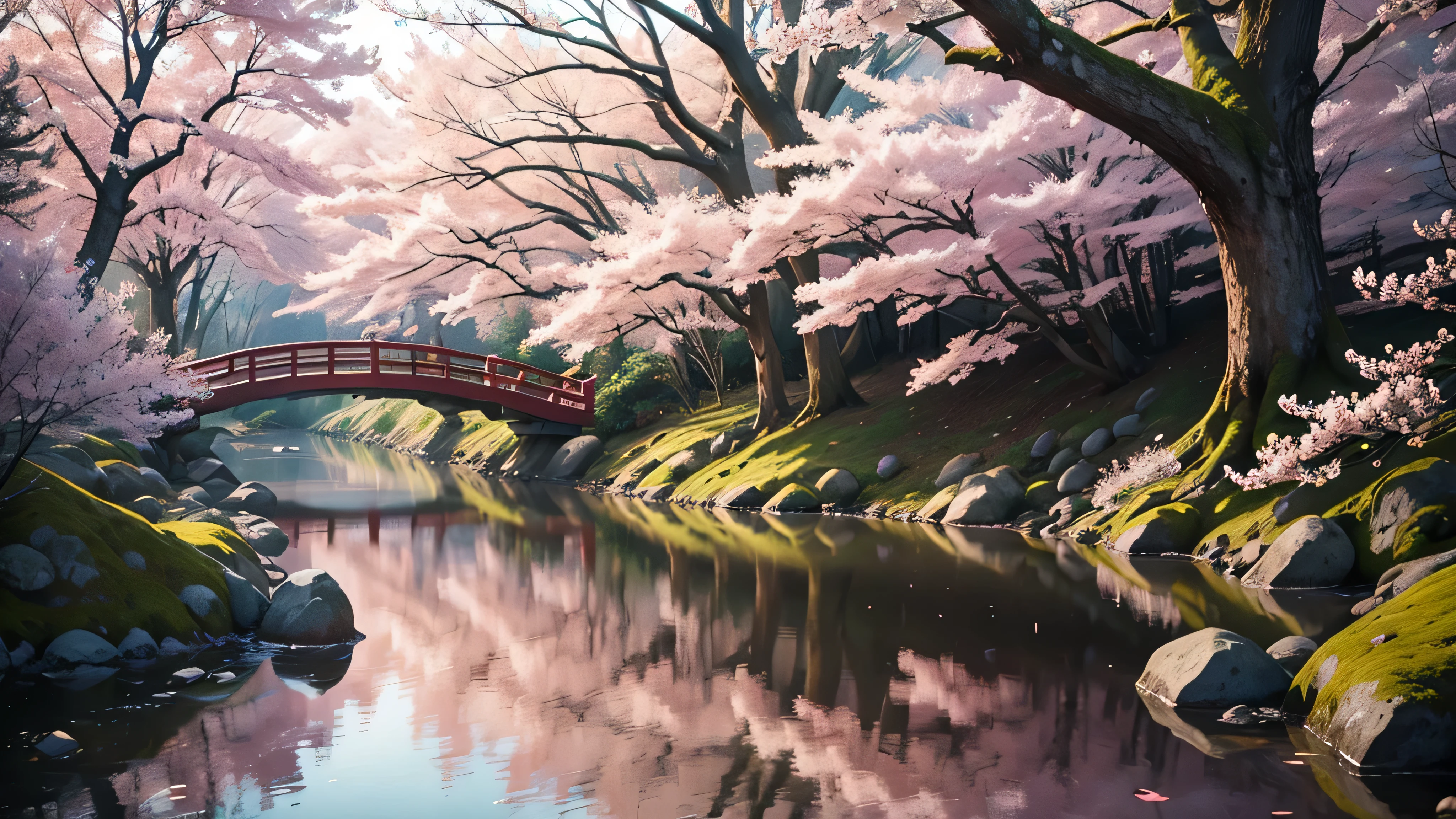 Create a serene Japanese forest scene during springtime, The scene should feature blossoming sakura (cherry) trees with soft pink petals, a small wooden bridge crossing over a calm stream, and slightly overcast skies to create a peaceful and tranquil atmosphere. Add fine details like the reflection of the trees in the water and scattered fallen leaves on the ground. The overall mood should be calm, with a focus on natural beauty and subtle, realistic lighting.