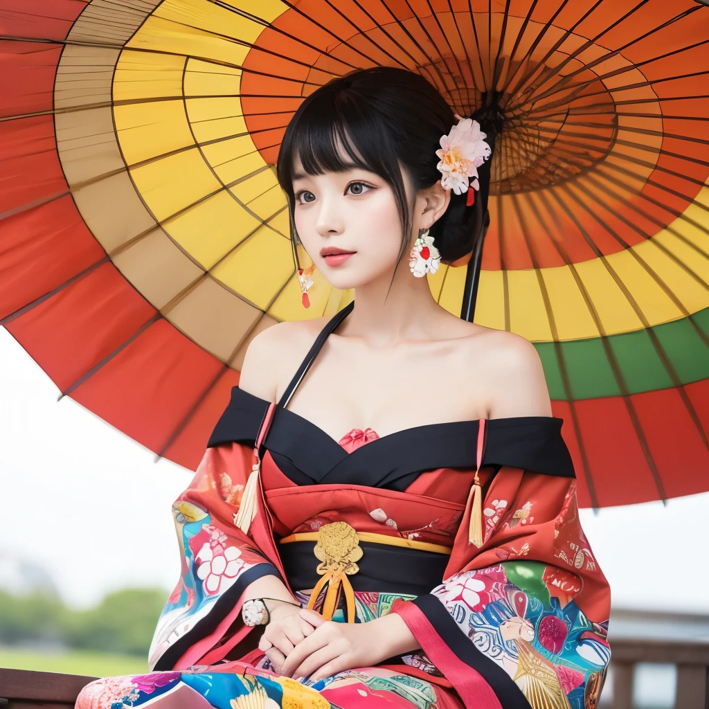 A black-haired woman wearing a vibrant Japanese-style outfit、sitting under a big umbrella。The costume is embroidered with colorful flowers..、The off-the-shoulder design is sexy yet elegant.。length, Ornamental earrings dangled from her ears..、Her hair is decorated with flowers。background, Japanese umbrellas come in vibrant orange and red patterns.、It creates a beautiful contrast.。