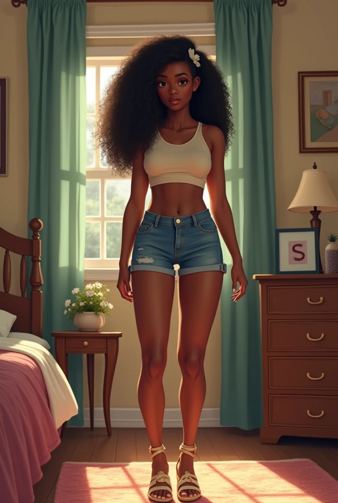 A tiny African American with a crop top, long curly hair, and open toe wedges is getting ready in her room. She is shorter than her father.