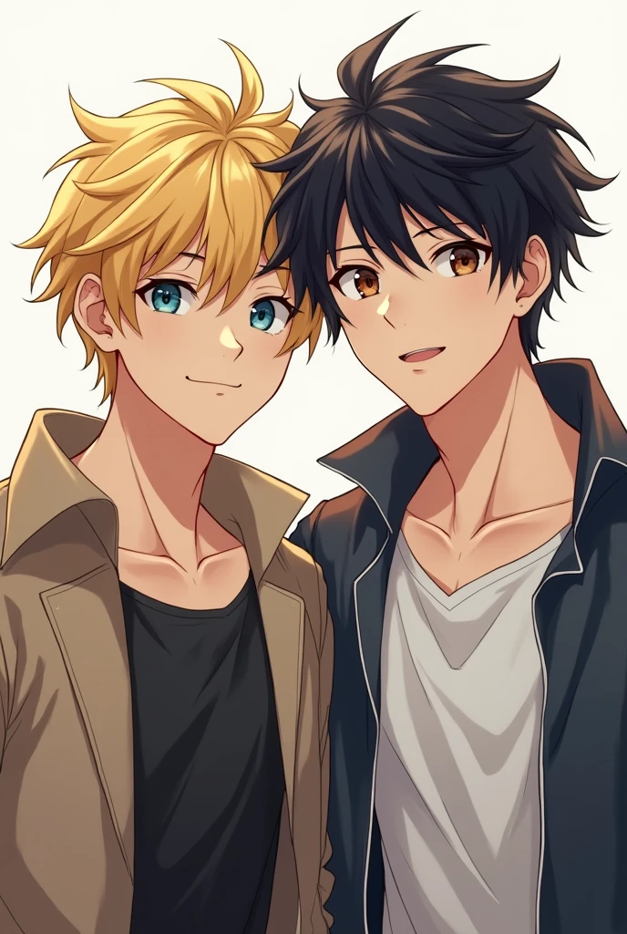 (anime) Two men , one with blond hair and one with black hair., these two are taking a portrait together. 