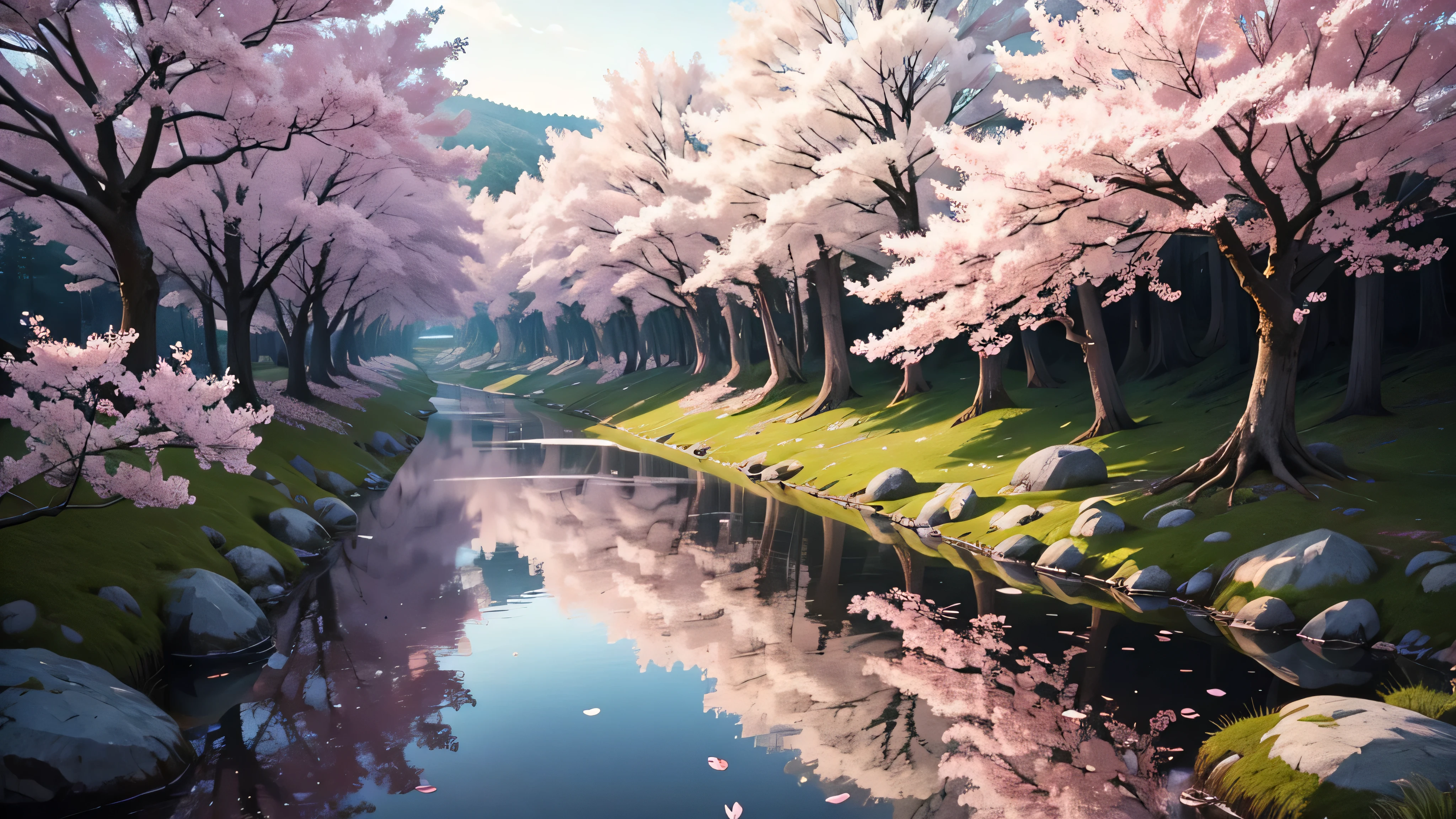 Create a serene Japanese forest scene during springtime, The scene should feature blossoming sakura (cherry) trees with soft pink petals, a small wooden bridge crossing over a calm stream, and slightly overcast skies to create a peaceful and tranquil atmosphere. Add fine details like the reflection of the trees in the water and scattered fallen leaves on the ground. The overall mood should be calm, with a focus on natural beauty and subtle, realistic lighting.