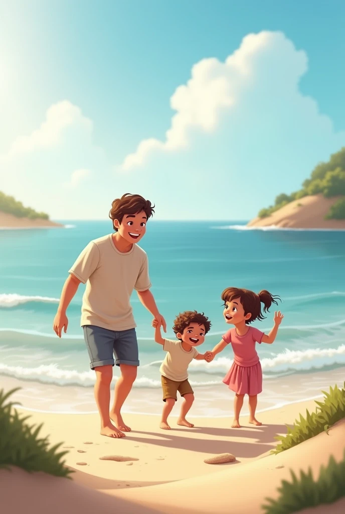 une famille heureuse au brod de la mer qui son entrai de jouer