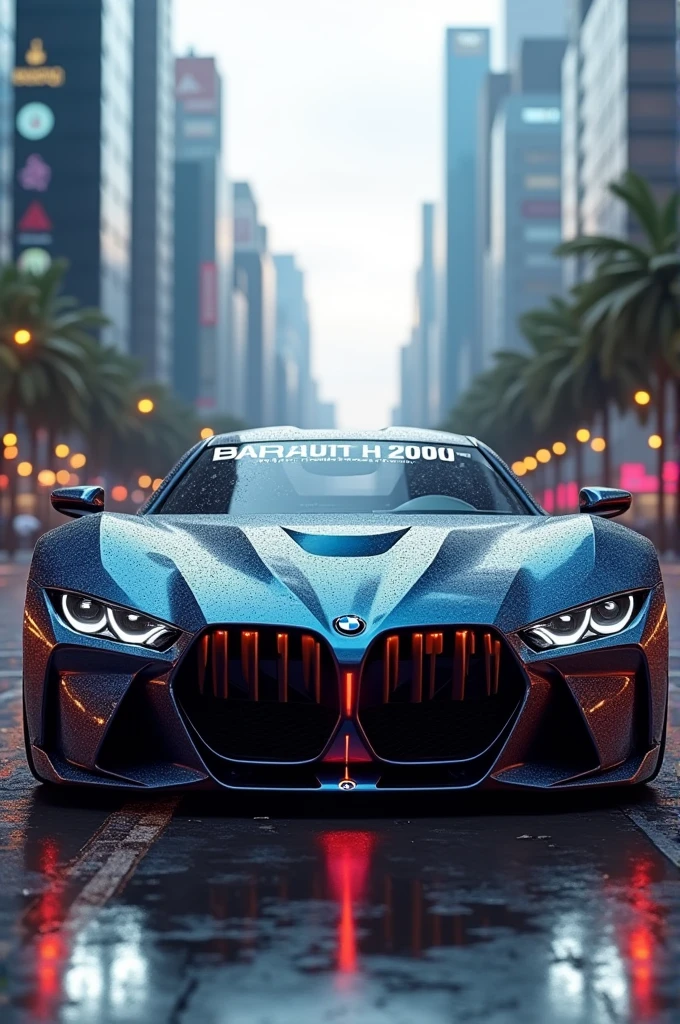 A BMW car that says BARAUTH 2000 , on the hood