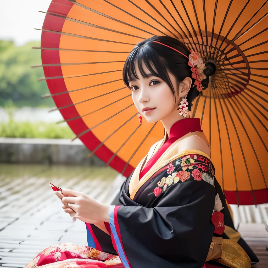 A black-haired woman wearing a vibrant Japanese-style outfit、sitting under a big umbrella。The costume is embroidered with colorful flowers..、The off-the-shoulder design is sexy yet elegant.。length, Ornamental earrings dangled from her ears..、Her hair is decorated with flowers。background, Japanese umbrellas come in vibrant orange and red patterns.、It creates a beautiful contrast.。