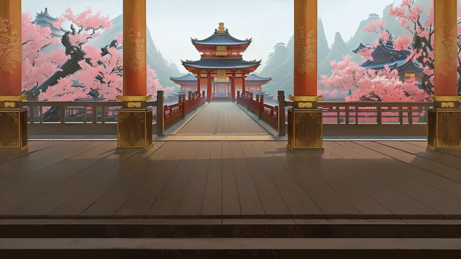 there is a picture of a chinese style building with a bridge, temple background, zen temple background, background depicting a temple, digital painting of a pagoda, japanese temple, with a chinese temple, chinese palace, anime background art, background art, palace background, chinese temple, background artwork, inspired by Torii Kiyomasu, detailed scenery —width 672