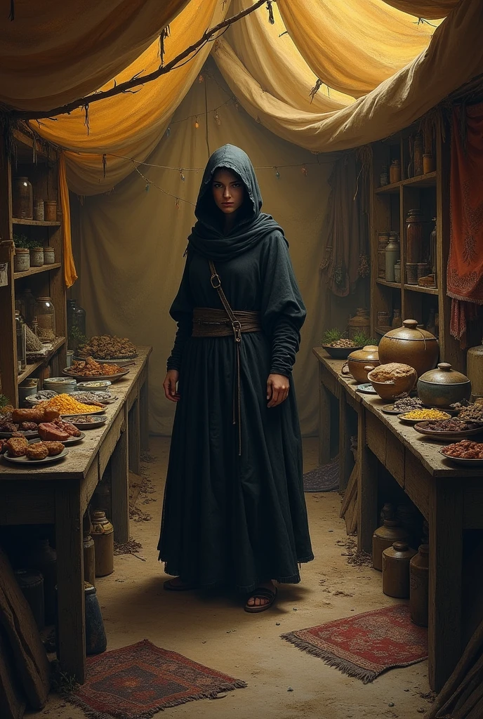 Dark-haired, hooded female merchant suspect, inside a medieval tent selling portions 
