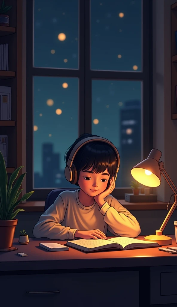 night、Studying while listening to music in a cozy room, Using headphones, 2D-style animation, Lo-Fi, Dark Environment, Warm lighting