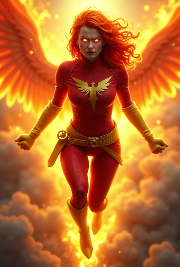 1girl, glowing eyes, redhead, angry, red suit, yellow long elbow gloves and thigh-high boots, golden sash, phoenix symbol, flying, burning aura