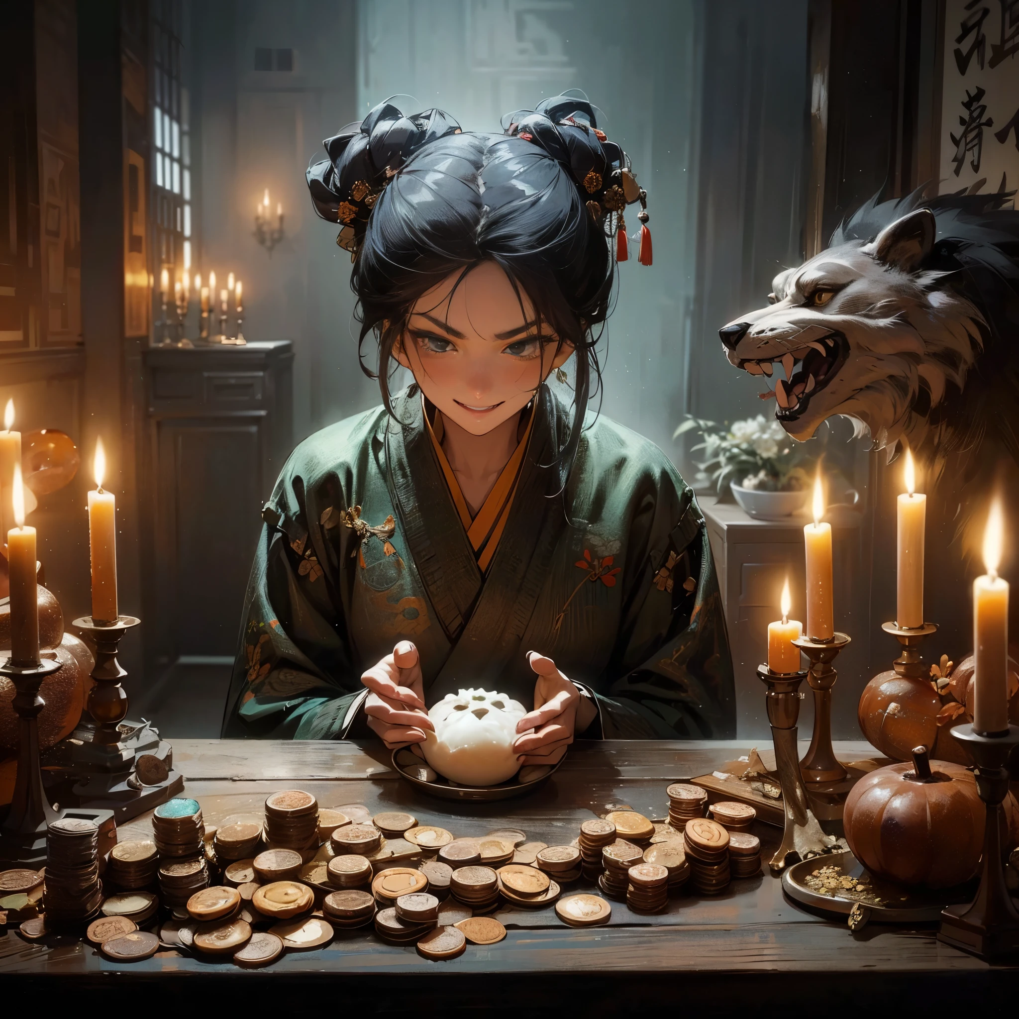 (masutepiece:1.2), (Best Quality:1.2), (high resolution:1.2), (beautiful face and eye:1.2), (sharpest focus:1.2), (Ultra-realistic Photo:1.2), (Ultra-precise Photo:1.2), (Depth of field:1.2), (perfect anatomy:1.2), (nice hands:1.2), 
(perfect hands:1.2), (Chinese Song dynasty bar hostess:1.0), (Beautiful middle-aged woman holding a large steamed bun in her hands:1.0), (Gruesome and cruel smile:1.5), ( smile:1.5), 
(Proprietress lit by a simple candelabra:1.0), (Large quantity of Chinese Song dynasty coins piled on a crude table:1.0), 