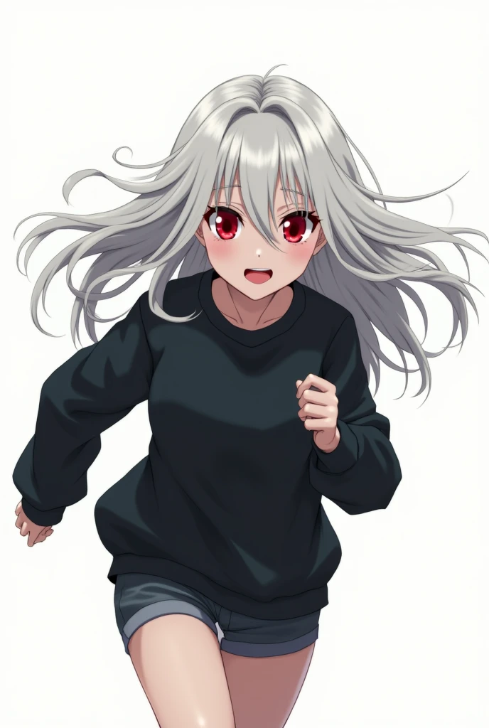 Anime girl with long white hair and red eyes wearing a black sweatshirt who is escaping from someone and the background of the image is white 