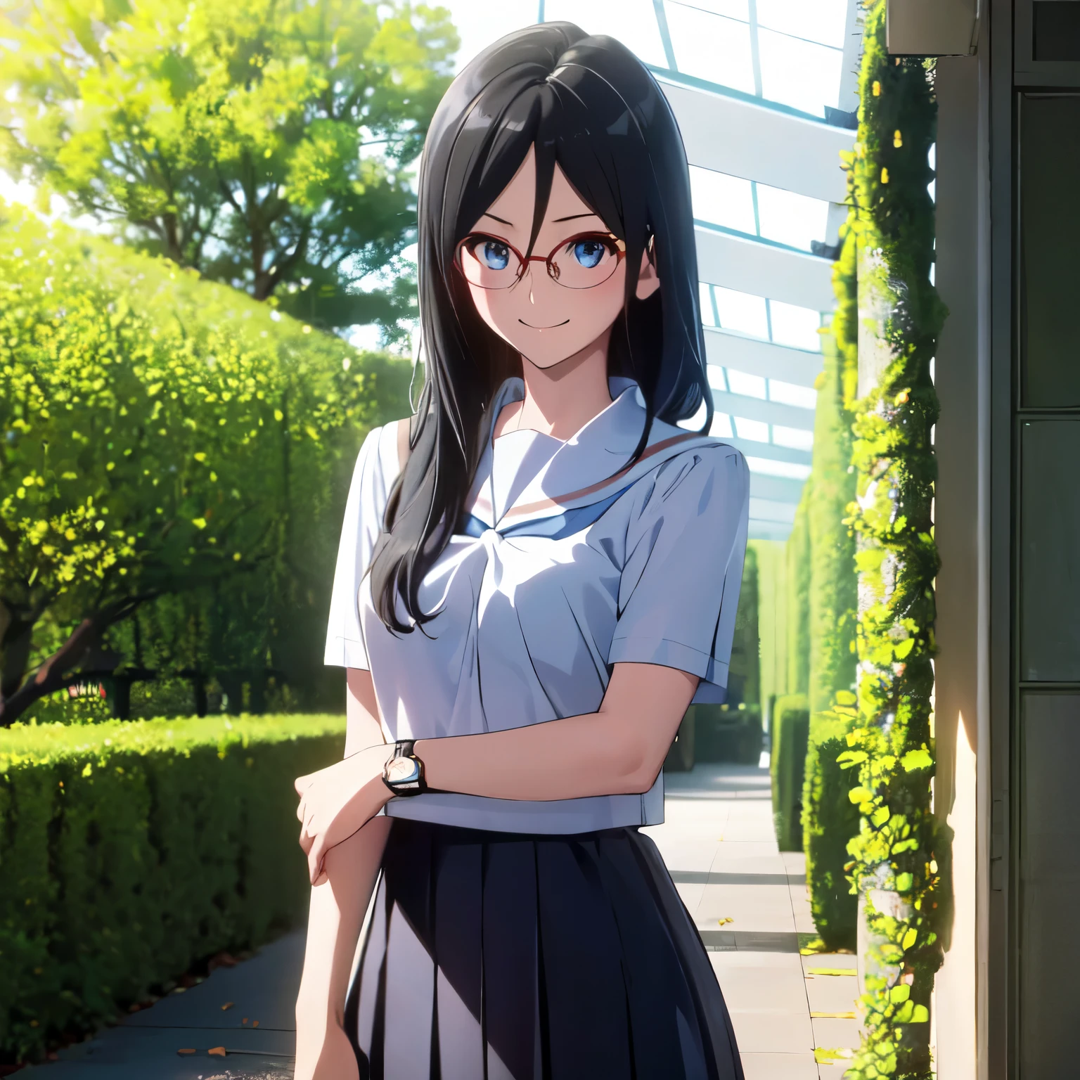 คุณภาพดีatสุด, Masterpiece, high resolution, alone, (garden:1.13), Asuka_Tanaka,  black_hair, long_hair, glasses, light blue_eyes,  red frame_glasses, beyond the edge_glasses, semi borderless_glasses, hair_between_eyes, 1 woman,  watch_at_ผู้watch, smile, (Thai school uniform:1.4), (High school student uniform)(white short sleeve shirt:1.2), (กระโปรงlongจับจีบblack:1.2),