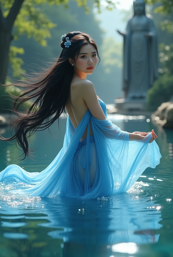 araffe asian woman in a blue dress posing in a pool, a statue inspired by Li Tang, trending on Artstation, fantasy art, japanese goddess, queen of the sea mu yanling, asian nymph bald goddess, giant stunning goddess shot, oriental fantasy, asian hyperdetailed, chinese empress, asian female water elemental, character is in her natural pose