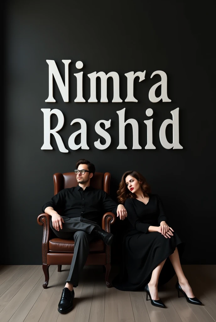 couples Casually on a wingchairs Looks Ahead Man With glasses. And Girl Wearing  black kurta pajama beautiful hair red lipstick with black heels, the background features '' Nimra Rashid '' in big and capital white fonts on the the black wall. there should not be his shadows.