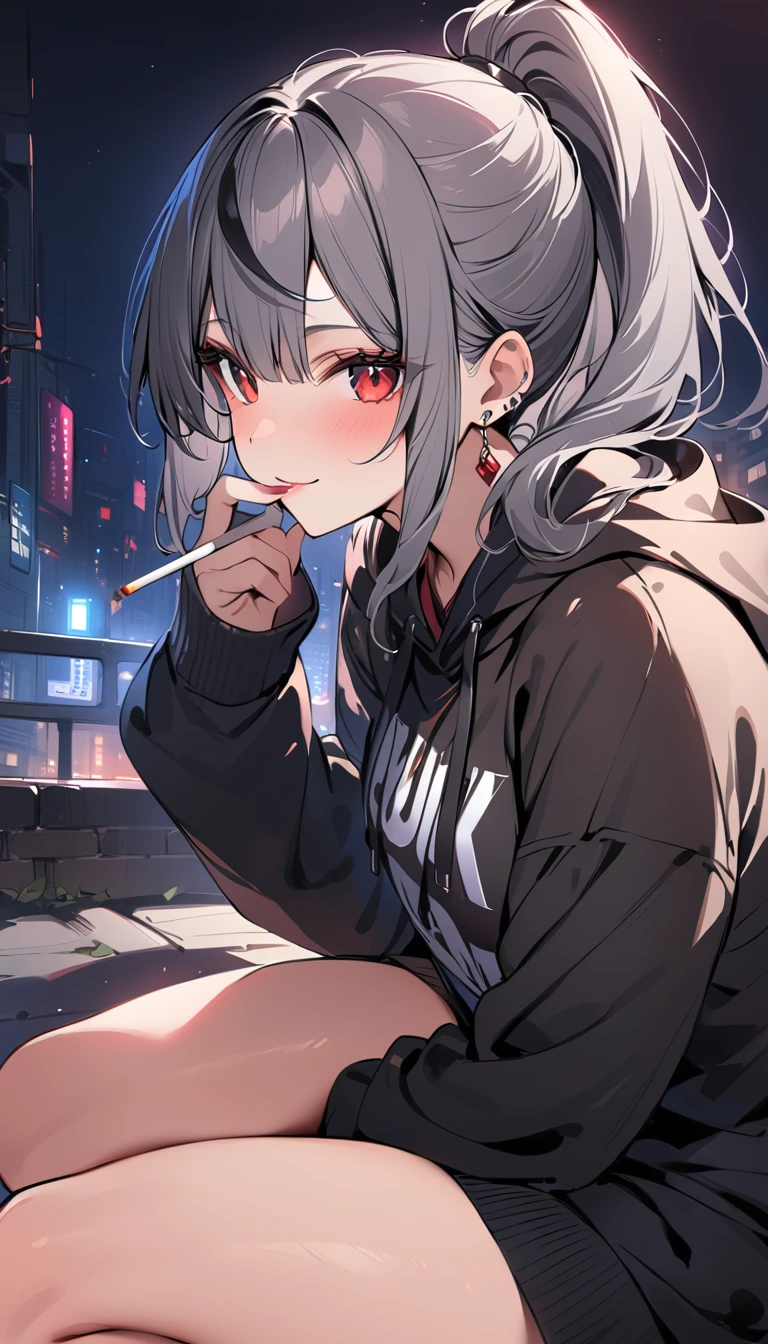 good looking, alone, 1 female, ponytail, Black hair with smoky grey tips, Striped Hair, smile,Red eyes,Earrings, Black Shirt, Black and white hooded sweatshirt, smoking, night, Black light,masterpiece, High resolution,4K