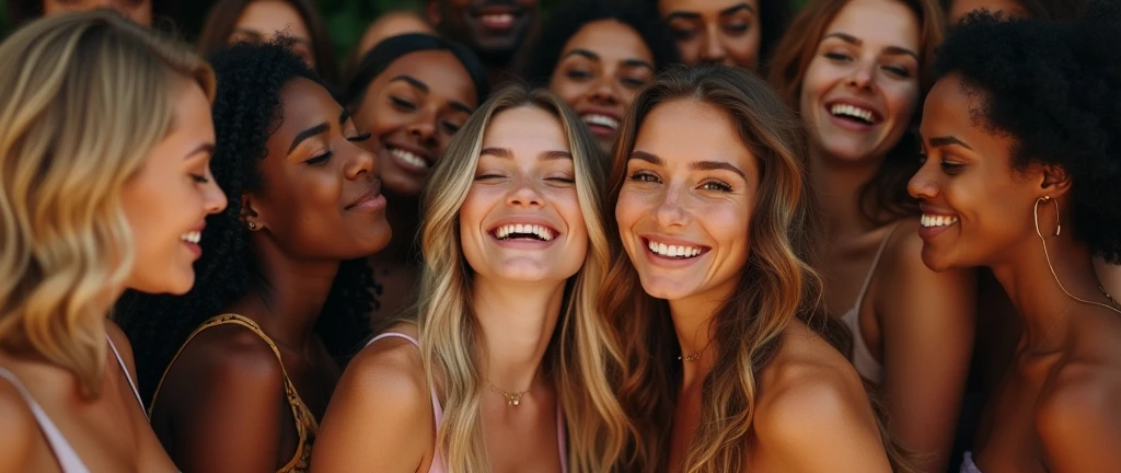 Group of twenty beautiful girls, blondes, brunettes, redheads, asians, africans, super happy, partying, perfect faces, perfect eyes, naked, crowded together, kissing