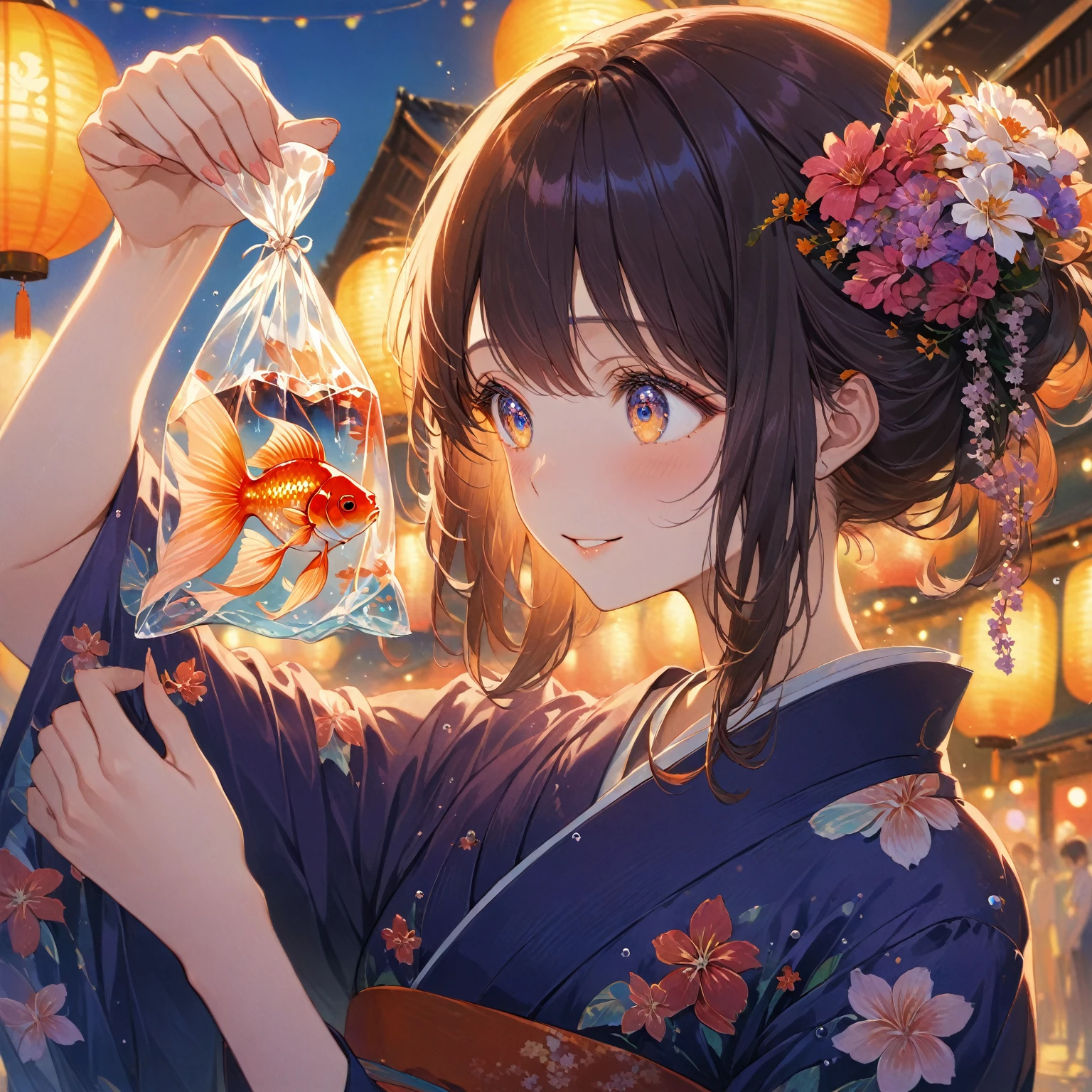 score_9_up, score_9, score_8_up, score_7_up, source_anime,masterpiece, best quality, high resolution, extremely detailed CG, absurdres, highres,On the evening of the summer festival, 1girl, solo, a girl in a yukata holds a goldfish in a small transparent plastic bag. The girl lifts the bag in front of her eyes and looks at the goldfish with a gentle smile, good_hands, Long eyelashes, detailed beautiful eyes, looking away