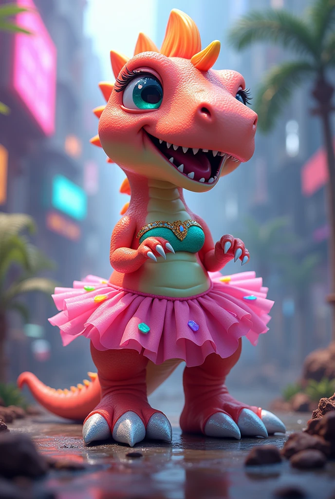 A smiling and mischievous gay dinosaur wearing a beautiful pink skirt, a kawaii apple-green bustier with CRYSTAL claws and LGBT COLORED SPOTS, with blue-green eyes, HUGE HIGH-HEEL LEGS like Yoshii, and a GAMER environment background.