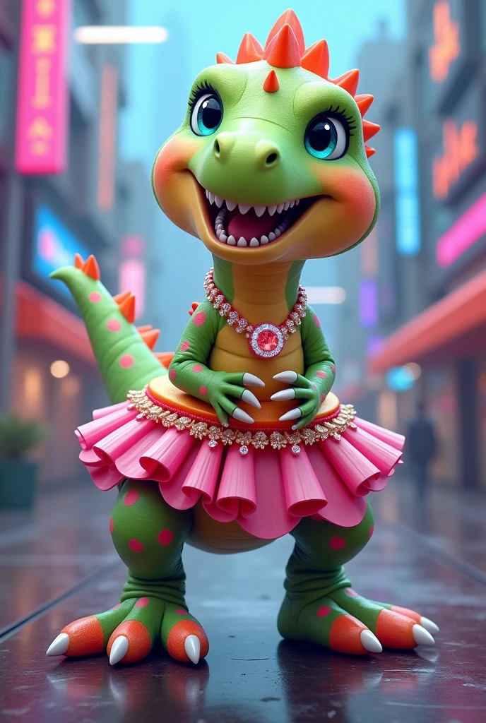 A smiling and mischievous gay dinosaur wearing a beautiful pink skirt, a kawaii apple-green bustier with CRYSTAL claws and LGBT COLORED SPOTS, with blue-green eyes, HUGE HIGH-HEEL LEGS like Yoshii, and a GAMER environment background.