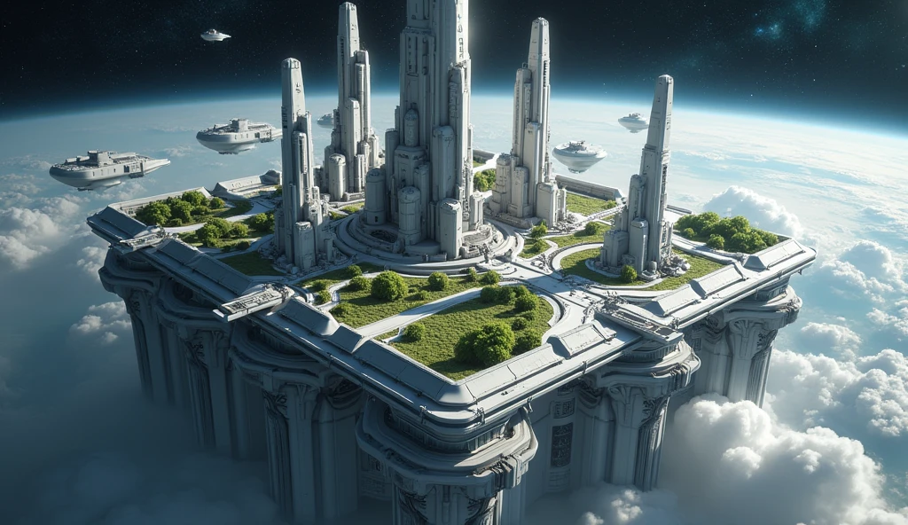 city on space cube station, above on the space, grey futuristic city, green city, 8K, full HD, 3d render, Unreal Engine, Octance Render