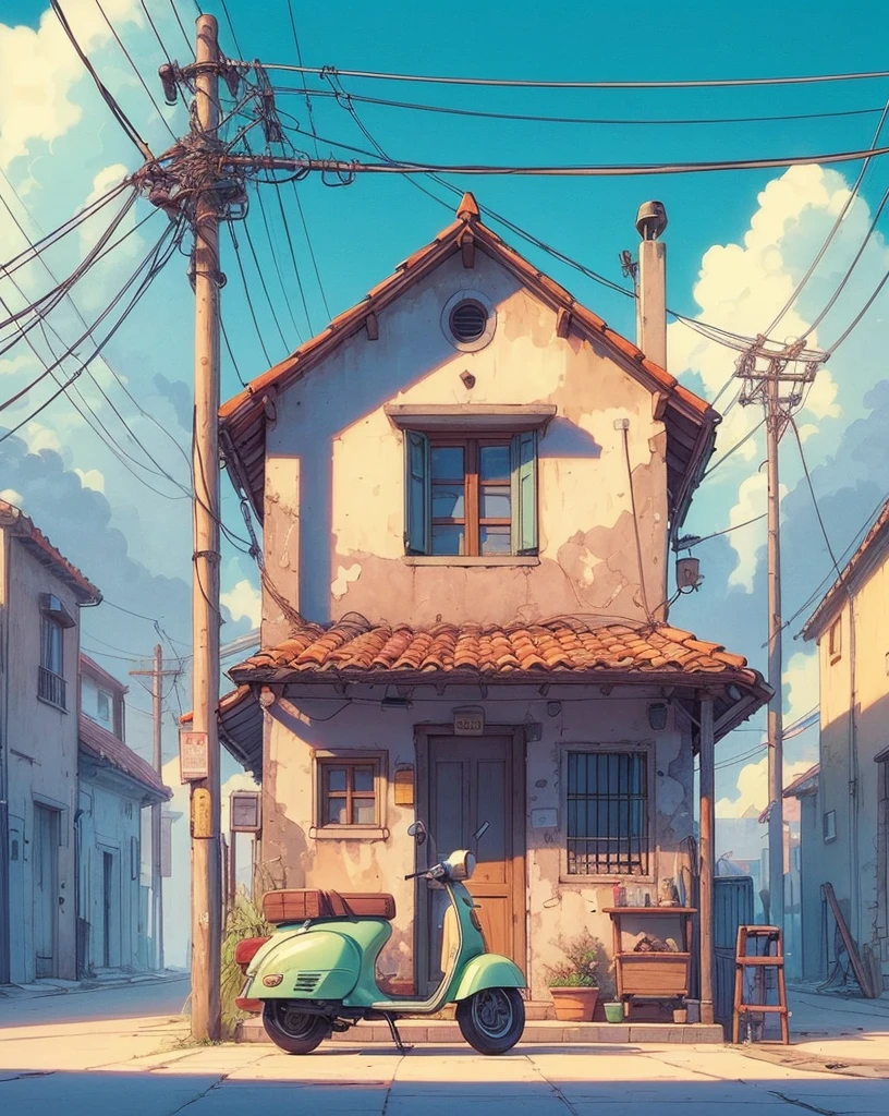 Draw an anime simple art scene of a old Italian hut with scooter parked outside, wires and poles, windy, cloudy sky, no human, vibrant color tones, dim light, masterpiece