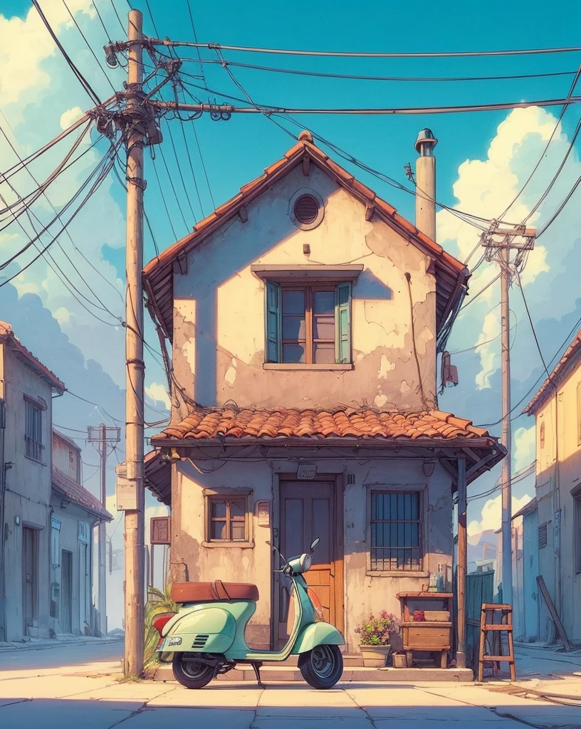 Draw an anime simple art scene of a old Italian hut with scooter parked outside, wires and poles, windy, cloudy sky, no human, vibrant color tones, dim light, masterpiece