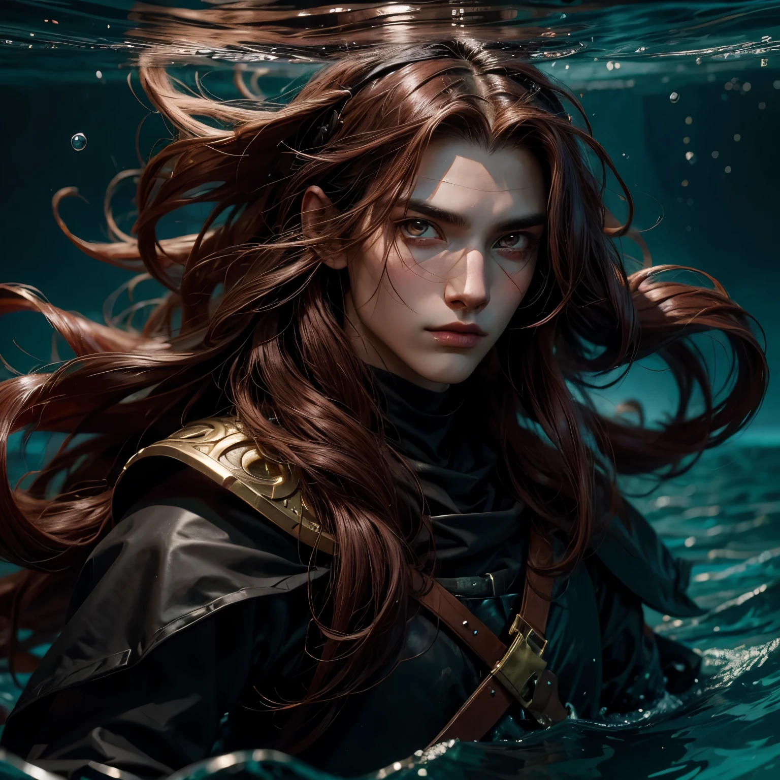 young tanned warrior man with long dark red hair and dark golden eyes, Dressed in black military uniform, A black headband on his forehead, in the depths of the ocean with floating jellyfish and bubbles, despair, agony, fantasy, masterpiece, Eastern style, Drama, a high resolution, в стиле современных художников fantasy