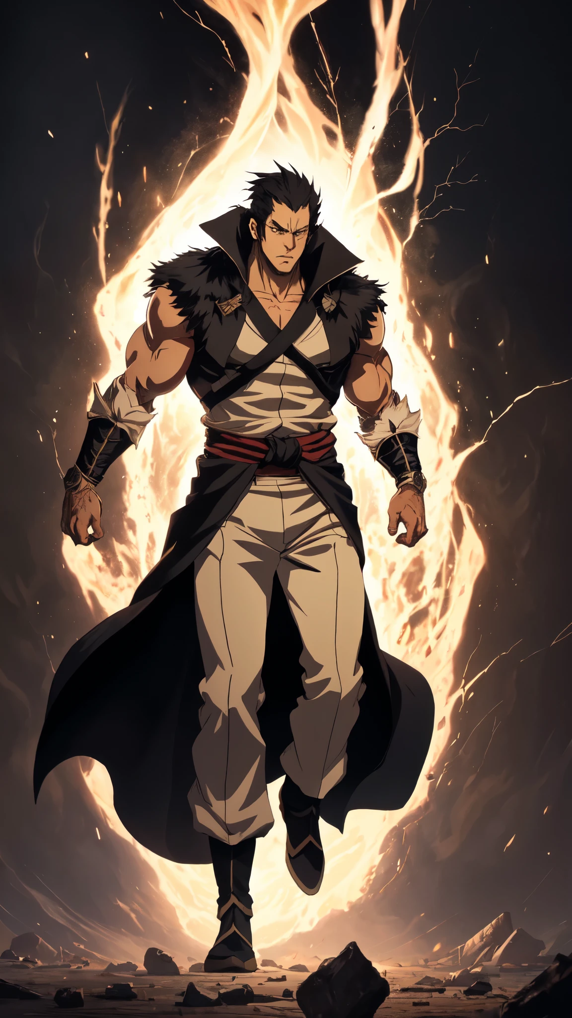 (masterpiece:1.2, best quality:1.2, extremely delicate:1.2), a middle-aged man, wild disheveled long hair streaked in red and black, a rugged and imposing face, a lightning-shaped tattoo on the left side of his face, sharp eyes, a confident smile, a tall and muscular build, a fantasy martial arts-style short-sleeved coat, form-fitting scale armor underneath, a black fur shawl drapes over his shoulders, wrist guards, matching canvas trousers, stands majestically on shattered ground, surrounded by floating debris, this character embodies a finely crafted fantasy martial arts-style overlord in anime style, exquisite and mature manga art style, dramatic, high definition, highres, ultra-detailed, ultra-fine painting, professional, perfect body proportions, golden ratio, anatomically correct, symmetrical face, extremely detailed eyes and face, high quality eyes, creativity, RAW photo, UHD, 32k, Natural light, cinematic lighting, (masterpiece-anatomy-perfect:1.2)