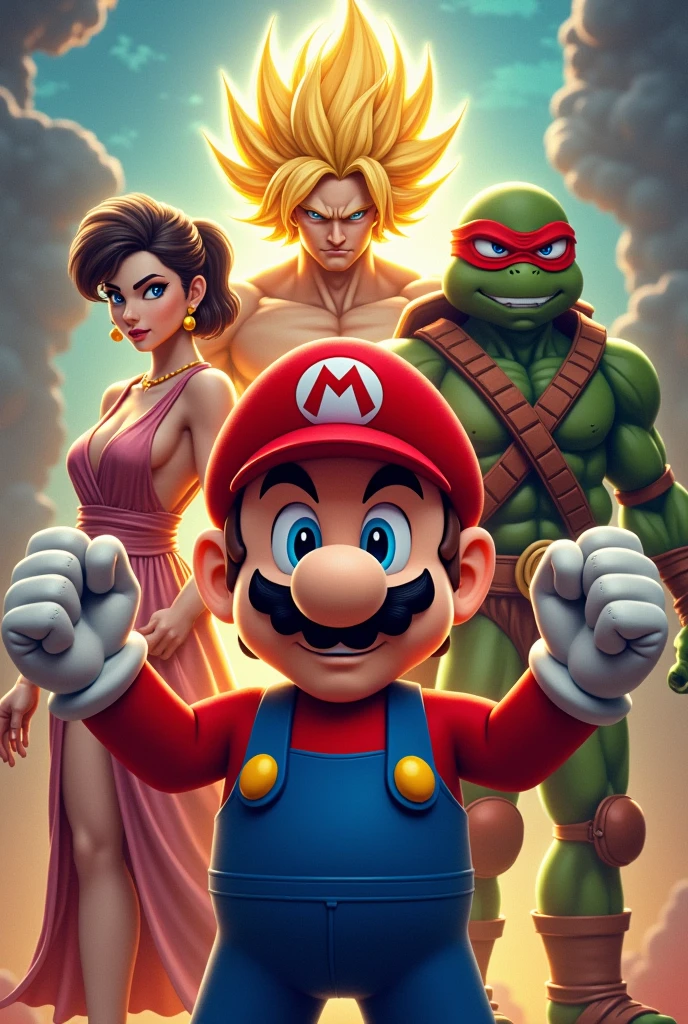 Super Mario, Super Sajajin, I relax, He-man, Raffael from the Ninja Turtles as a group photo