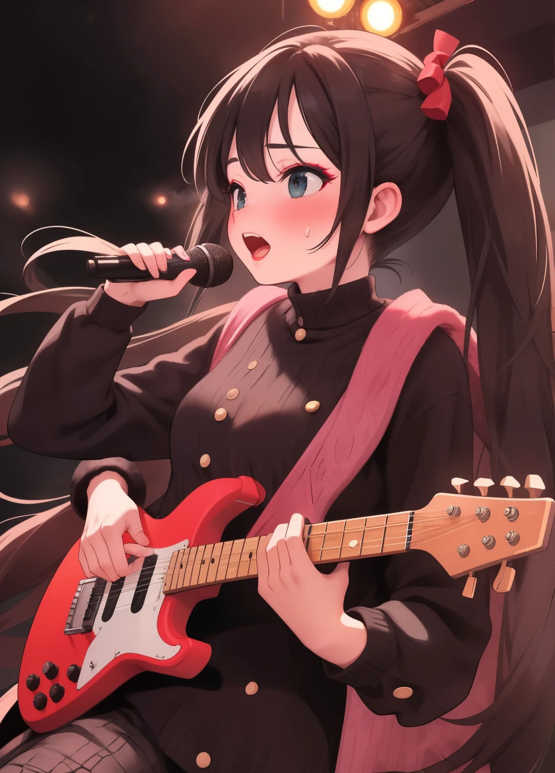 (masterpiece、Highest quality、Highest quality、Official Art、Beautiful and beautiful:1.2)、(One person:1.3)Hatsune Miku、Twin tails,Beautiful breasts, Katsushika Hokusai,Kannon Bodhisattva performing in a rock band, Live Performance, Female Vocalist, Provocative clothing, Vibrant colors, Concert Venues, Vibrant atmosphere, Dynamic Lighting, Screaming crowd, Hedban, Revealing clothing, Playing the Guitar, Wild stage performance, Leather costume, Intense expression, Fire Effects, An exciting atmosphere, Stage Smoke, Powerful vocals, Stage Diving, Sweaty performance, Excited state, Epic guitar solo, Mosh Pit, Intense music, synchronized Hedban, Stage Fireworks, Intense makeup, Roaring System, Energetic drummer, Crowdsurfing, Devil horns, Explosive Energy, Stage Monitor, Electric guitar riff, Passionate performance, Captivating stage presence, Distorted guitar distortion, Heavy bass line.