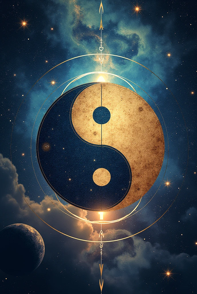 Give me the image with cosmic background the ying-yon sign in the horoscope style .the number 6 and 1 will be need to hidden in that image