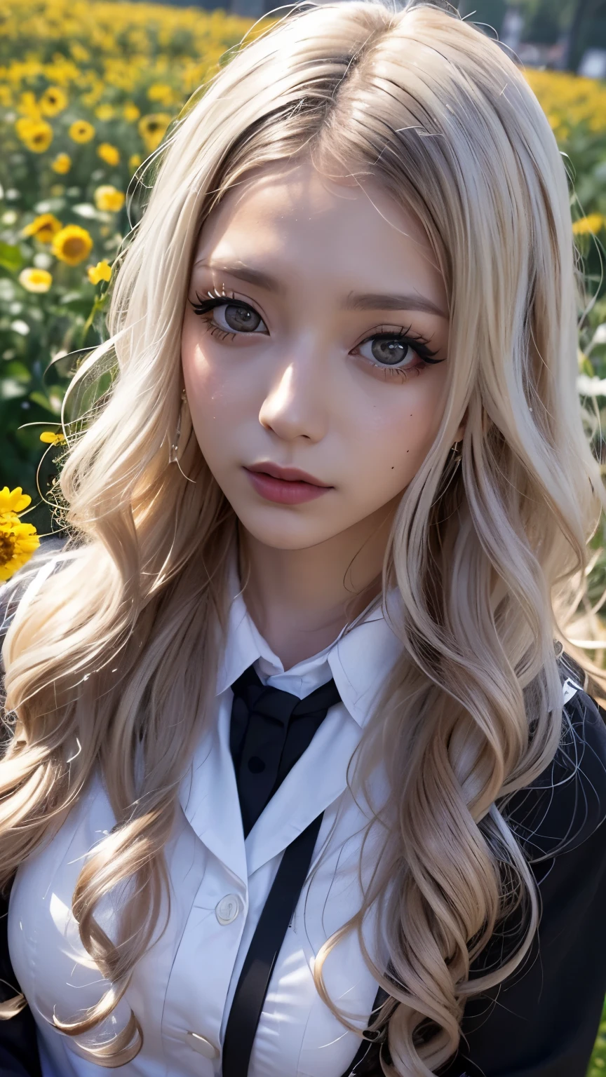 Realistic, masterpiece, Highest quality, Highest Resolution, Japanese schoolgirl, , Upper body photo, Looks sleepy, inattention, Open your mouth, Beautiful and detailed eye drawing, (Droopy eyes:1.3), Dark Eyes, Thin eyebrows, Draw eyelashes carefully, Eyelash extensions, Gal Makeup, Orange Cheek, (Brown and white wavy hair with white mesh, Long Hair, middle part:1.3), (Hidden eyelid wrinkles:1.3), (Gothic uniform:1.2), (The subject was photographed from above at an angle:1.3), (Flower Field:1.3), (Face close-up, Stand up and try to impress the audience:1.5)