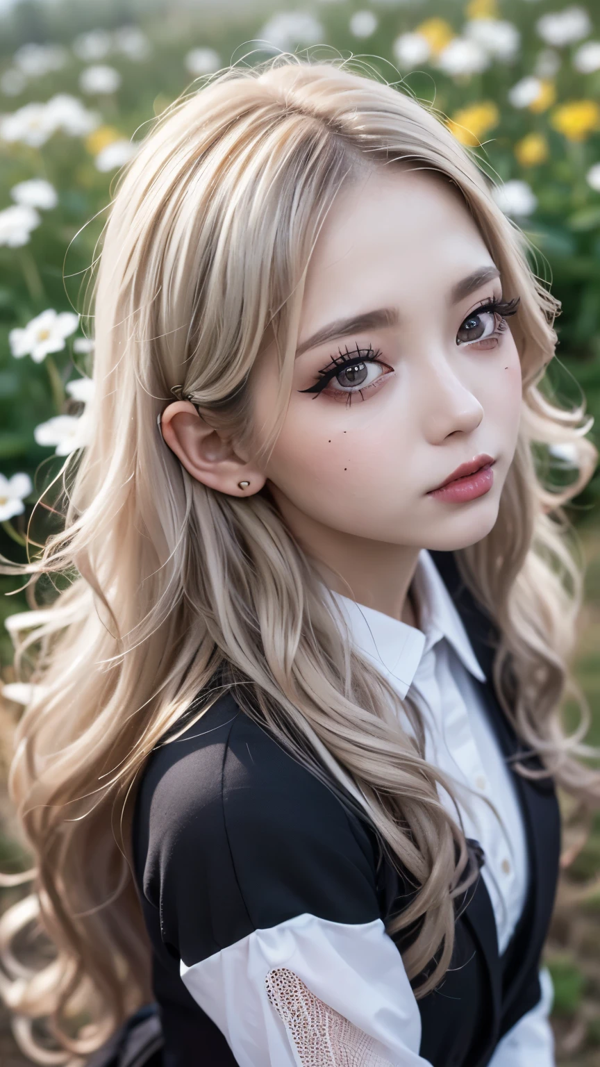 Realistic, masterpiece, Highest quality, Highest Resolution, Japanese schoolgirl, , Upper body photo, Looks sleepy, inattention, Open your mouth, Beautiful and detailed eye drawing, (Droopy eyes:1.3), Dark Eyes, Thin eyebrows, Draw eyelashes carefully, Eyelash extensions, Gal Makeup, Orange Cheek, (Brown and white wavy hair with white mesh, Long Hair, middle part:1.3), (Hidden eyelid wrinkles:1.3), (Gothic uniform:1.2), (The subject was photographed from above at an angle:1.3), (Flower Field:1.3), (Face close-up, Stand up and try to impress the audience:1.5)