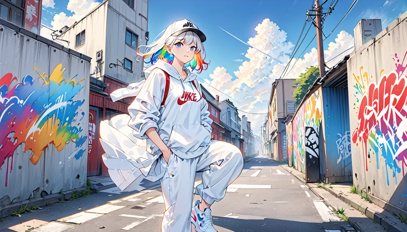 HD 8k handsome sexy cute er16:9、、One woman、Medium length hair、White Hair、Rainbow Hair、blue eyes、hoodie、色付きのhoodie、White trucker hat、Hip hop style big white tank top and big white pants、NIKE is sneakers、Human Focus、Outdoor、blue sky、White cloud、HD 8K graffiti popular spray art wall、