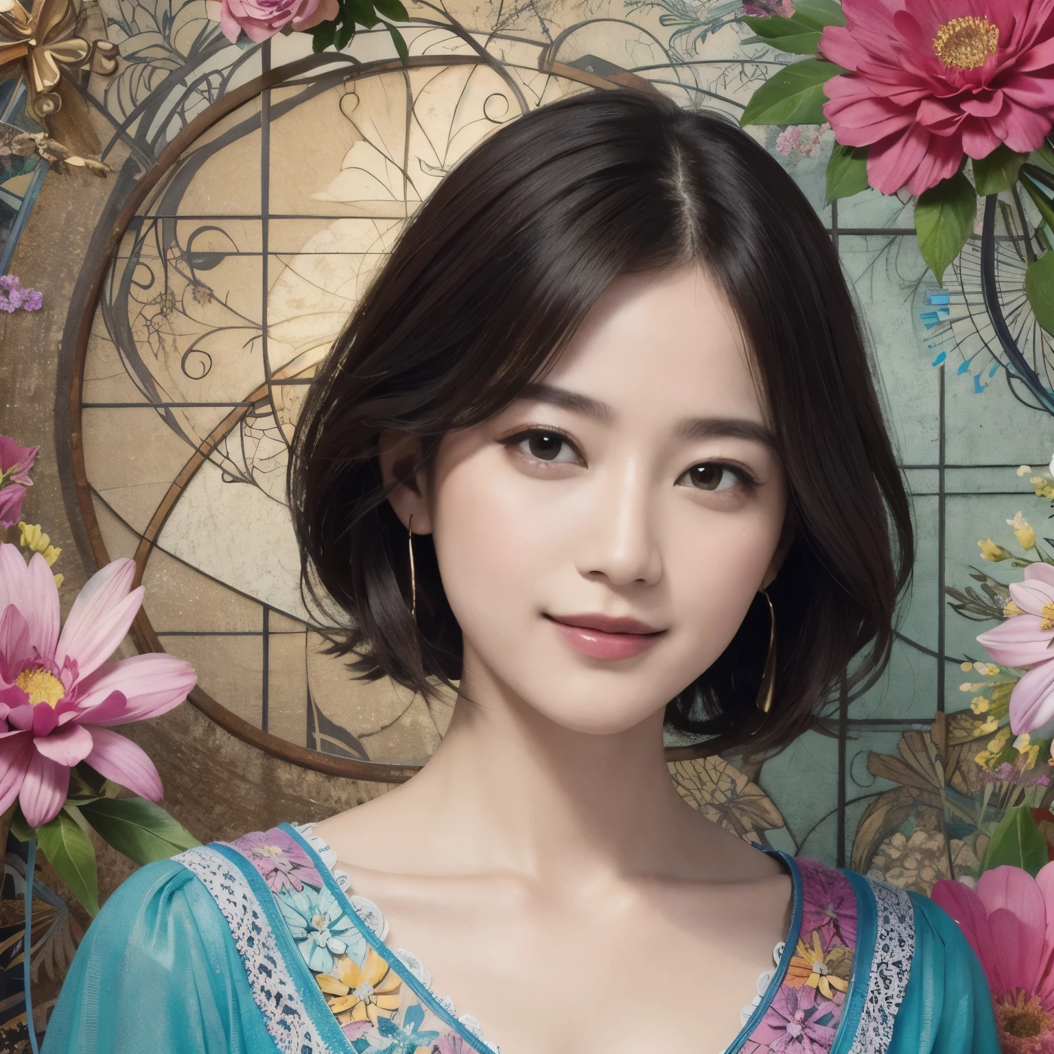 271 (20-year-old woman,short hair), (masterpiece, Highest quality, beautiful:1.2), Very detailed, (Fractal Art:1.1), (colorful:1.1), (flower:1.3), whole body, (Abstract background:1.3), (Many colors:1.4), (Old-fashioned smile), (window)