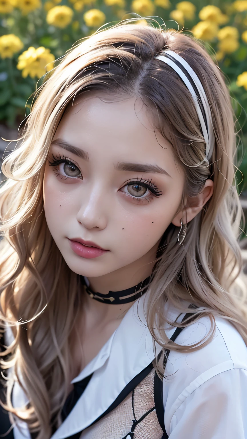 Realistic, masterpiece, Highest quality, Highest Resolution, Japanese schoolgirl, , Upper body photo, Looks sleepy, inattention, Open your mouth, Beautiful and detailed eye drawing, (Droopy eyes:1.3), Dark Eyes, Thin eyebrows, Draw eyelashes carefully, Eyelash extensions, Gal Makeup, Orange Cheek, (Brown and white wavy hair with white mesh, Long Hair, middle part:1.3), (Hidden eyelid wrinkles:1.3), (Gothic uniform:1.2), (The subject was photographed from above at an angle:1.3), (Flower Field:1.3), (Face close-up, Stand up and try to impress the audience:1.5)