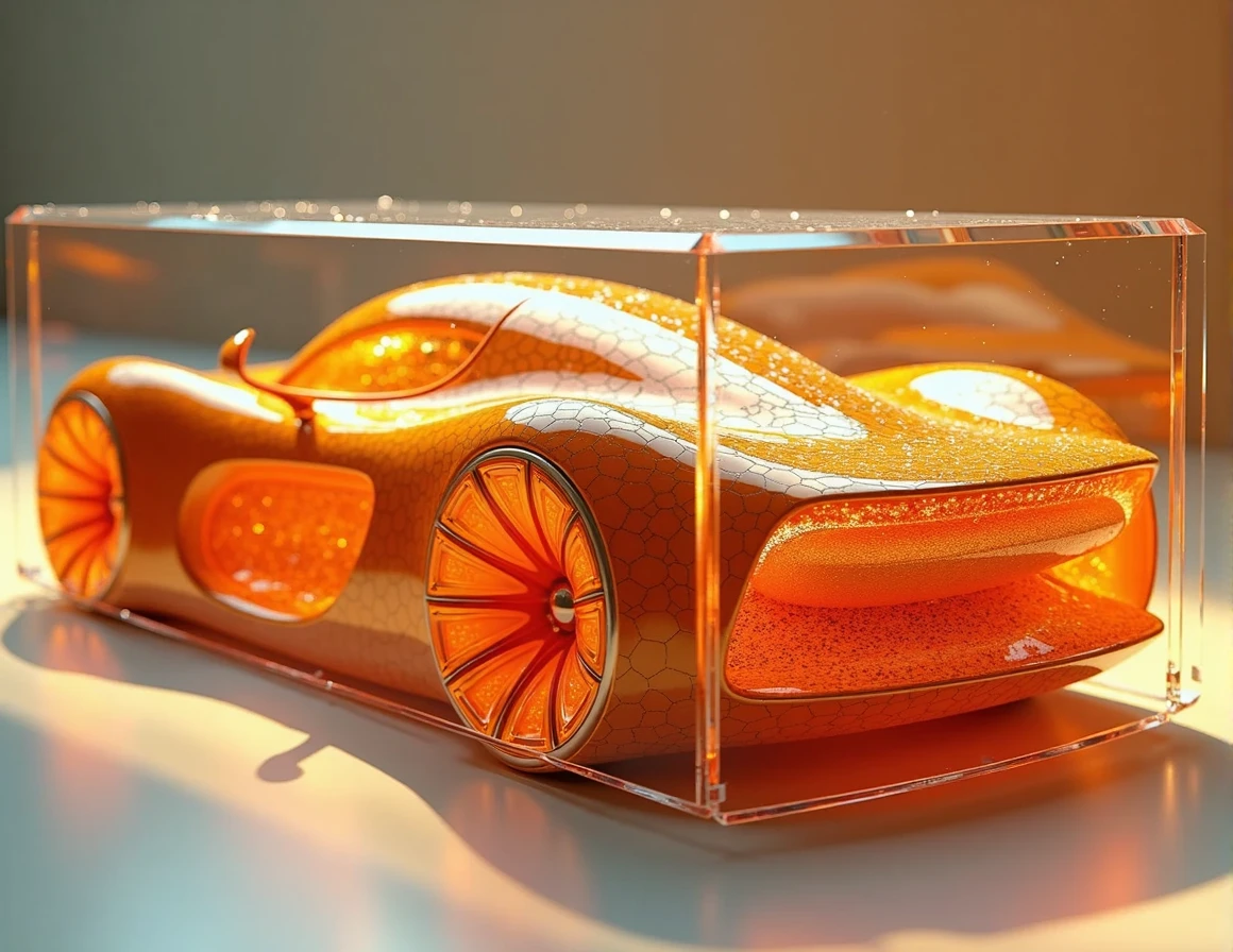 there is a glass box with a car shaped like a hot dog, futuristic product car shot, 3d high octane render, futuristic car concept, futuristic concept car, inspired by Mike Winkelmann, render of futuristic supercar, highly detail. octane render, rendered in high octane, concept automobile design, concept car, super rendered in octane render, car concept
