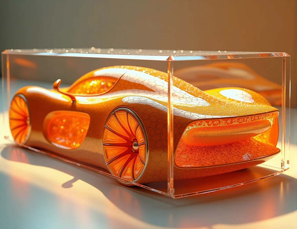 there is a glass box with a car shaped like a hot dog, futuristic product car shot, 3d high octane render, futuristic car concept, futuristic concept car, inspired by Mike Winkelmann, render of futuristic supercar, highly detail. octane render, rendered in high octane, concept automobile design, concept car, super rendered in octane render, car concept