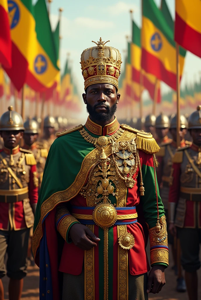 Emperor Haile Selassie with his vast army and flags of reggae and Rastafari