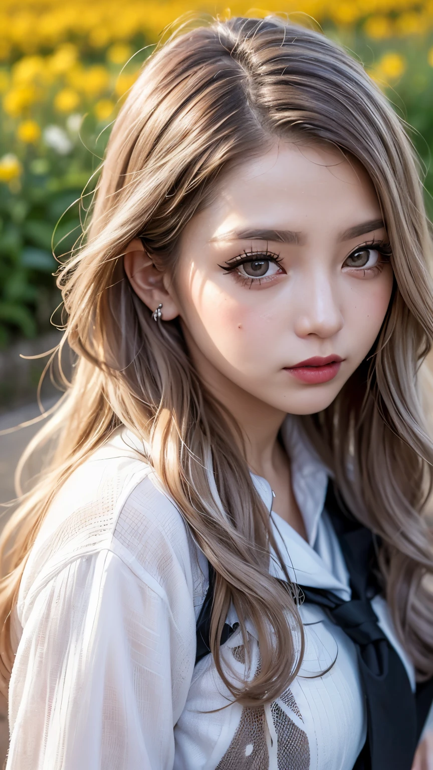 Realistic, masterpiece, Highest quality, Highest Resolution, Japanese schoolgirl, , Upper body photo, Looks sleepy, inattention, Open your mouth, Beautiful and detailed eye drawing, (Droopy eyes:1.3), Dark Eyes, Thin eyebrows, Draw eyelashes carefully, Eyelash extensions, Gal Makeup, Orange Cheek,  (Brown and white wavy hair with white mesh, Long Hair, middle part:1.3), (Hidden eyelid wrinkles:1.3), (Gothic uniform:1.2), (The subject was photographed from above at an angle:1.3), (Flower Field:1.3), (Face close-up, Stand up and try to impress the audience:1.5)